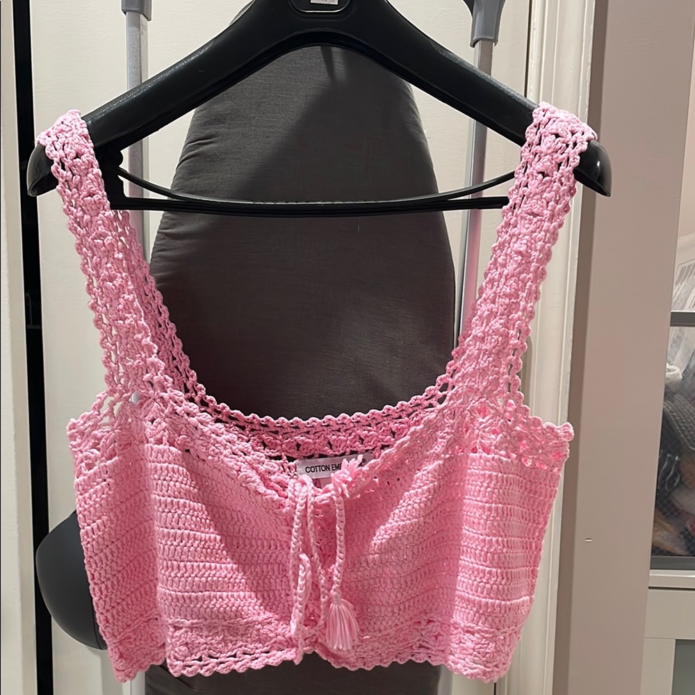 Cotton Emporium Pink Tie Front Crop Tank Top